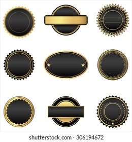 Black and Gold Emblems - Set of vintage stamp designs.  Each element is grouped, and colors are global for easy editing.