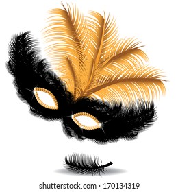 Black and gold feathered mask. EPS 10 vector, grouped for easy editing. No open shapes or paths.