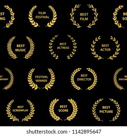 Black and gold film award wreaths. Seamless pattern. Vector illustration.