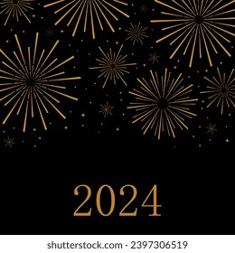 Black and gold fireworks vector poster, 2024 happy new year greeting card concept design, elegant luxury celebration background with stars