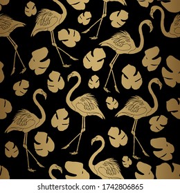 Black Gold Flamingo Seamless Pattern