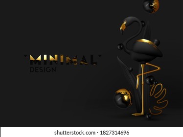 Black - gold flamingos. Luxurious abstract minimal design. Animal world poster, web banner. Natural background with bird 3d black golden metallic flamingo. Modern vector illustration
