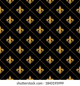 Black and gold Fleur De Lis luxury pattern. Royal ornamental seamless background.