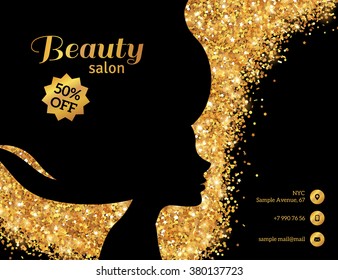 Black And Gold Flyer Template, Fashion Woman With Long Hair. Vector Illustration. Beauty Salon Banner With Girl Silhouette