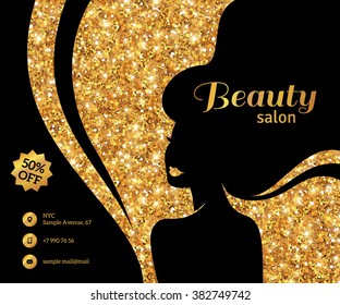 Black and Gold Flyer Template, Fashion Woman with Long Hair. Vector Illustration. Stylish Beauty Salon Banner. Girl Silhouette