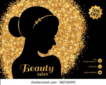 Black and Gold Flyer Template, Fashion Woman with Hair Bun. Vector Illustration. Girl Silhouette