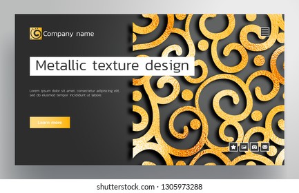 Black and gold foil background for website, branding or presentation. Pattern with curls and spiral logo