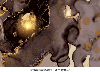 Black, and gold geode. Marble abstract pattern. Alcohol ink technique stone texture. Vector background. Modern paint with glitter. Banner, poster design template.