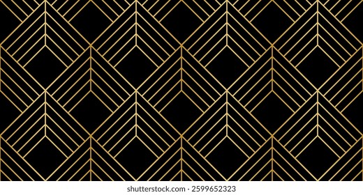Black and gold geometric art deco rhombus print, classical elegant vector background seamless repeating pattern design