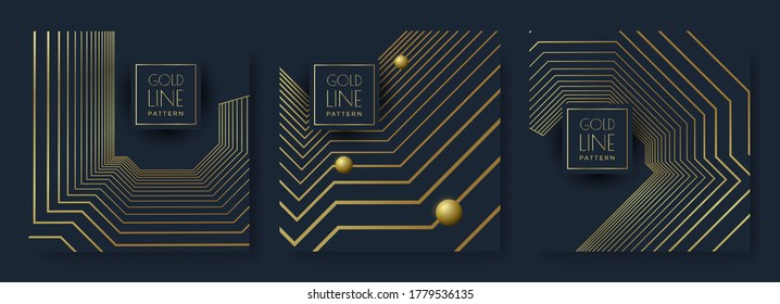 Black and gold geometric pattern. Dark luxury background with golden line. Vector illustration