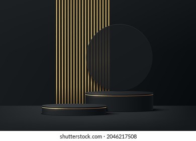 Black and Gold geometric pedestal podium with luxury golden pillar and circle backdrop. Vector abstract studio room with 3D platform. Minimal scene for cosmetic products. Showcase, Promotion display.