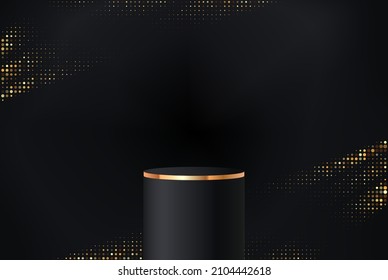 Plataforma geométrica de oro y negro con anillo de oro y brillo de oro en el fondo. Lujoso escenario para la exhibición de productos cosméticos, escaparate, exhibición publicitaria.