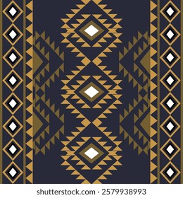 Black and gold geometrical background with decorative tribal elements. Print with ethnic or traditional motifs. Graphic vector illustration. Native American or Navajo pattern.