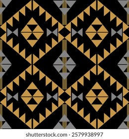 Black and gold geometrical background with decorative tribal elements. Print with ethnic or traditional motifs. Graphic vector illustration. Native American or Navajo pattern.