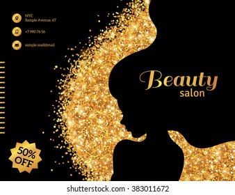 Black and Gold Glowing Flyer Template, Fashion Woman with Long Hair. Vector Illustration. Girl Silhouette