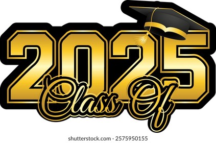 black and gold Graduate class of 2025 design on transparent background