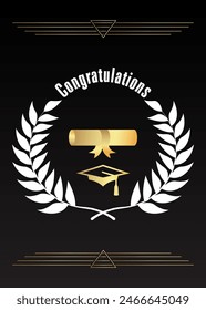 Black and gold Graduation design template. Vintage party invitation, congratulation event, greeting card. Vector high school or college graduate poster.