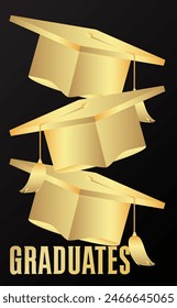 Black and gold Graduation design template. Vintage party invitation, congratulation event, greeting card. Vector high school or college graduate poster.