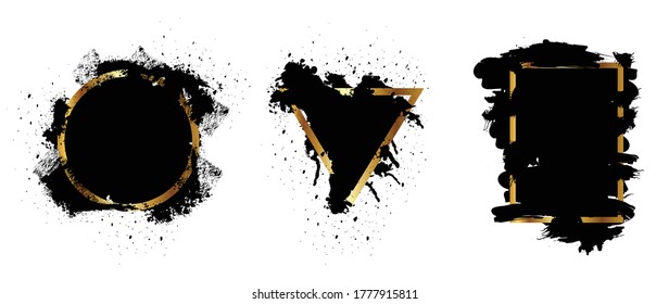 Black and gold grunge with frame vector, Collection of Grunge background, Spray Paint Elements, Black splashes set, Dirty artistic design elements, ink brush strokes, Vector illustration.