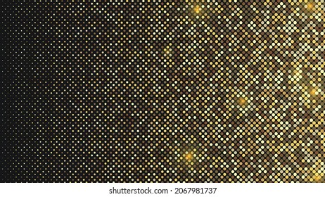 Black and gold halftone glitter dots background. Golden confetti glitter on black gradient background. Luxury vector illustration for your design.