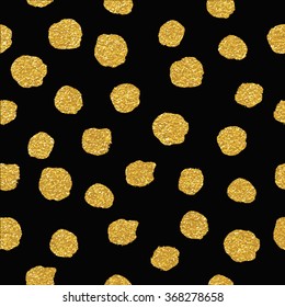 Black and gold hand drawn polka dot pattern. Abstract spots background. Vector illustration. Shiny backdrop. Texture of gold foil.