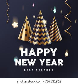 Black And Gold Happy Holidays Background With Falling Stars, Party Hat And Streamers. Vector Illustration. Happy New Year Design Template.