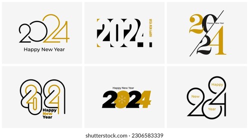 Black and gold Happy New Year 2024. Set of design with unique and modern numbers. Template premium design 2024 for calendar, poster, card, banner. Vector with creative labels isolated on background.