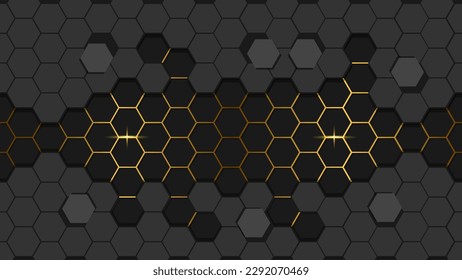 Black and gold hexagon background with honeycomb pattern