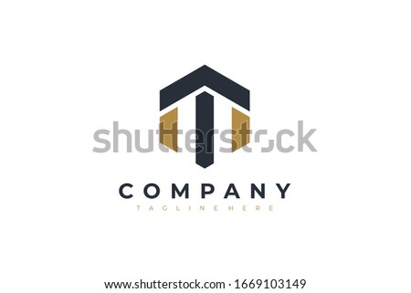 Black Gold Hexagonal Letter T and M Logo. Usable for Business, Real Estate, Architecture, Construction and Building Logo. Flat Vector Logo Design Template Element.