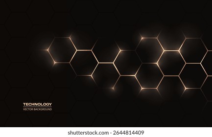 Fundo abstrato tecnologia hexagonal preto e ouro com favos de mel. Ilustração vetorial