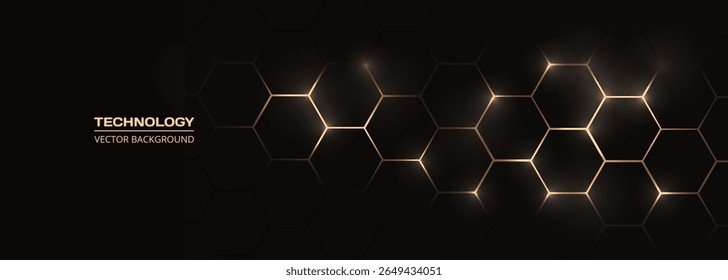 Black and gold hexagonal technology abstract background with honeycombs. Wide vector illustration
