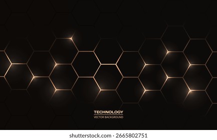 Fondo abstracto de tecnología hexagonal negra y dorada con panales. Ilustración vectorial
