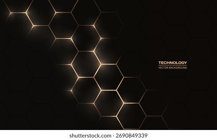 Fundo abstrato tecnologia hexagonal preto e ouro com favos de mel. Ilustração vetorial