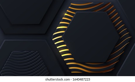Black and gold honeycomb tiles. Hexagon geometry pattern. Minimal black background of honeycomb for modern cover, ad baner, web