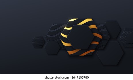 Black and gold honeycomb tiles. Hexagon geometry pattern. Minimal black background of honeycomb for modern cover, ad baner, web