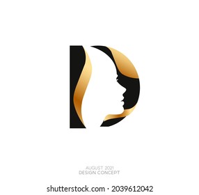 Black and gold idea silhouette of a woman head with letter D for logo and symbol isolated on white background. Vector