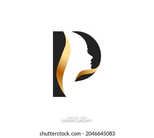 Black and gold idea silhouette of a woman head with letter P for logo and symbol isolated on white background. Vector