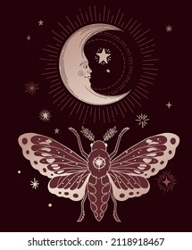 black and gold illustration of moth in black and gold colours with moon