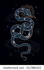 black and gold illustration of mystic snake with cosmic elements