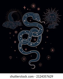 black and gold illustration of mystic snake with half moon and sun