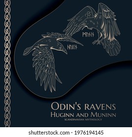 black and gold illustration with Odin's ravens