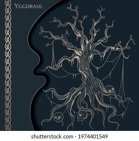 Black And Gold Illustration Of Yggdrasil World Tree From Scandinavian Mythology