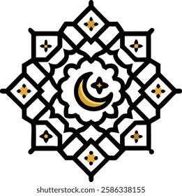 A black and gold Islamic geometric design with a crescent moon, symbolizing Ramadan and Islamic spirituality.