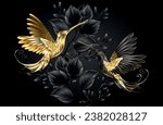 Black and gold jewelry hummingbirds on gray background decorated with plants. Jewelry birds. Hand drawn vector art