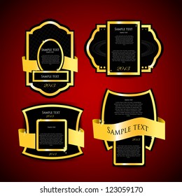 black and gold labels on red background
