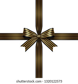 Black and Gold line pattern ribbon bow vector. Illustration of a black with gold line pattern ribbon bow crossed at the center on white background.