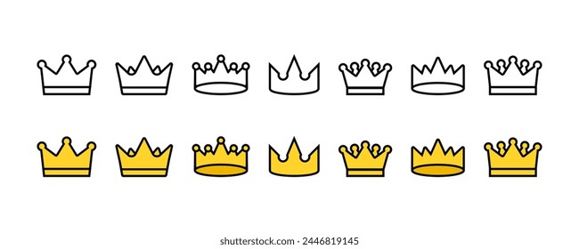 Black and gold linear crowns vector icons set. Collection with outline crowns.