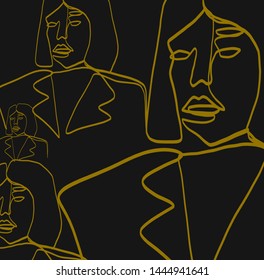 Black and gold linear silhouette woman face. Creative composition. 