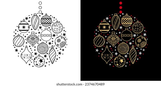 Black or gold linear style illustration, on the theme of Christmas balls.