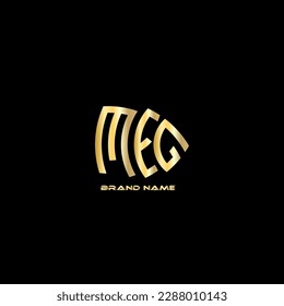 A black and gold logo with the word meg on it